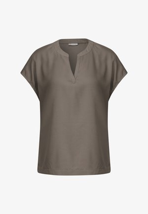 Short-sleeve blouse in a muted brown color, featuring a v-neckline and a smooth, lightweight fabric with a relaxed fit.