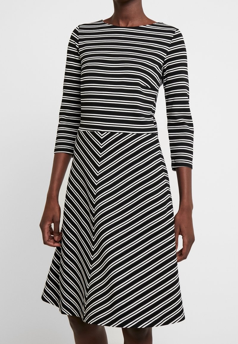 Robe à rayures noir et blanc avec un col bateau, des manches trois-quarts, un corsage ajusté et une jupe évasée présentant un motif en chevron.