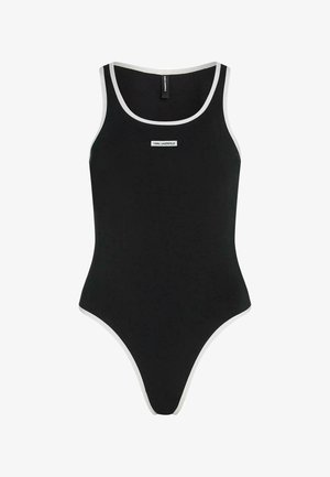 Body nero senza maniche con rifinitura bianca lungo i bordi e etichetta "KARL LAGERFELD" sul petto, taglio aderente con scollo tondo.