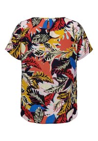 Kortärmad blus med ett djärvt, flerfärgat bladmönster på en ljusrosa bakgrund; lätt texturerat tyg med stängning bak.