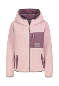 Fleece jacket in light pink with a hood, featuring a purple chest pocket, side pockets, and contrast gray zippers and trim.