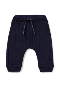 Pantalons enfants bleu marine en tissu texturé, avec un design côtelé, une taille élastique et un cordon de serrage avec des accents blancs.