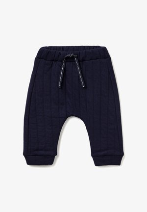 Dunkelblaue Kinderhosen aus strukturiertem Stoff, mit einem gerippten Design, elastischem Bund und einem Kordelzug mit weißen Akzenten.