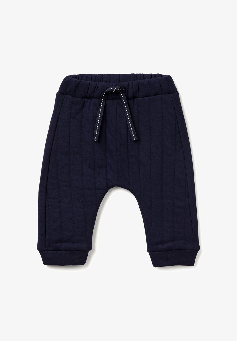 Marineblauwe kinderbroek van gestructureerde stof, met een ribbelontwerp, elastische tailleband en een koord met witte accenten.