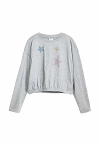 Szürke, rövidített pulóver hosszú ujjakkal, három színes csillagmintával, kék, sárga és rózsaszín színekben, ráncolt aljjal.