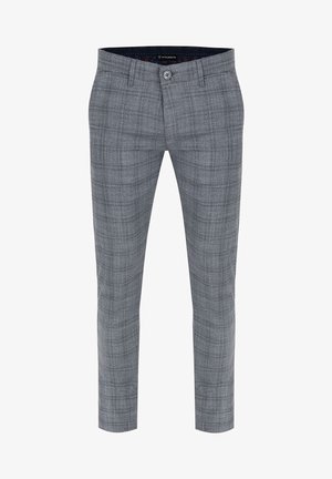 Szare spodnie w kratę z dopasowanym krojem, z zapięciem na guzik oraz teksturowanym materiałem o subtelnej połysku. Zawierają wzorzystą podszewkę.