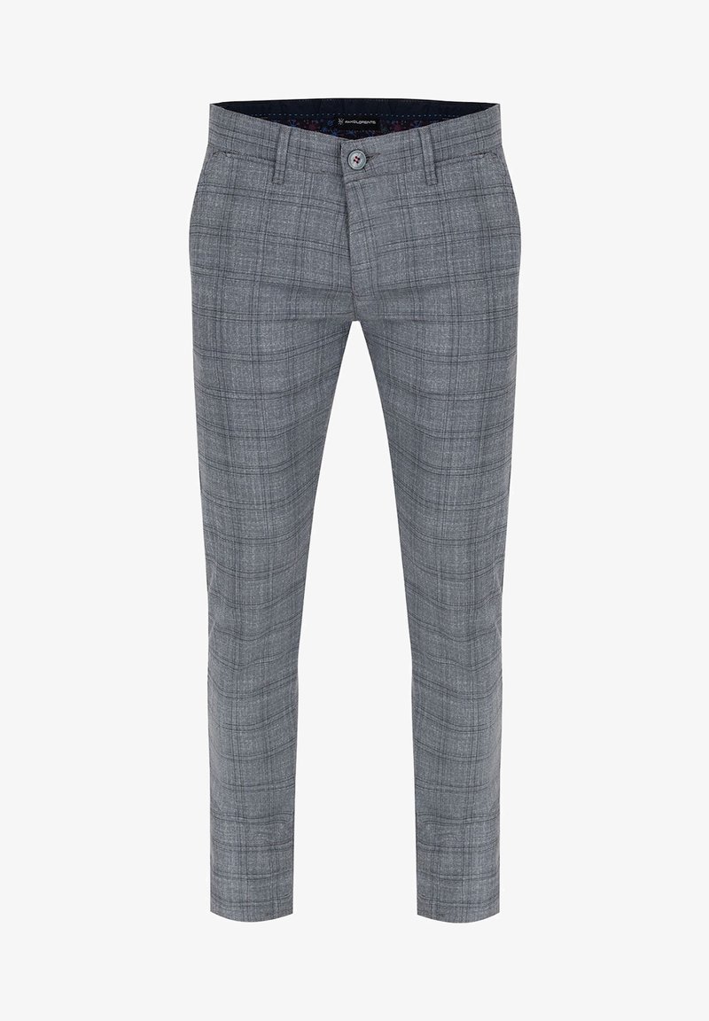 Szare spodnie w kratę z dopasowanym krojem, z zapięciem na guzik oraz teksturowanym materiałem o subtelnej połysku. Zawierają wzorzystą podszewkę.