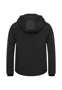 Schwarze Jacke mit glatter Außenschicht, wattierter Kapuze und elastischen Bündchen. Verfügt über einen geraden Schnitt und minimale Nähte.