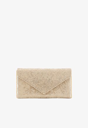 Clutch metallic auriu cu un exterior din plasă de cristale, design tip plic și o lanț aurie. Dispune de o textură netedă și o formă rectangulară elegantă.