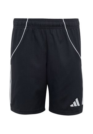 Sorte atletikshorts med elastisk talje, hvide sidekanter og en hvid Adidas-logo på det nederste venstre ben.