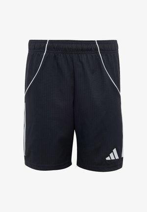 Czarne sportowe szorty z elastycznym pasem, białym paskiem po bokach i białym logo Adidas na dolnej lewej nodze.