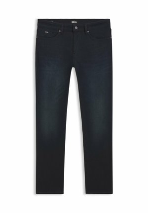 Dark blue denim jeans with a straight cut, feature a classic five-pocket design, silver hardware, and subtle fading near the knees.