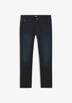 Dark blue denim jeans with a straight cut, feature a classic five-pocket design, silver hardware, and subtle fading near the knees.