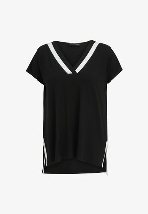 Black short-sleeve top with a V-neck, featuring white stripes along the neckline and side seams. Made from a soft, flowing fabric.