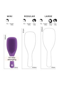 Trois tailles de brosses à cheveux avec des dimensions pour le démêlage quotidien, adaptées aux types de cheveux : fins, raides à ondulés, bouclés à crépus, et épais et longs.