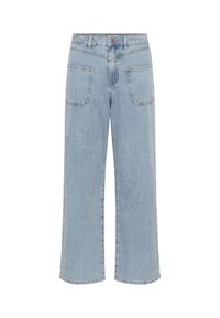 Jean bleu clair à jambes larges, taille haute, poches plaquées devant, fermeture par boutons et passants de ceinture.