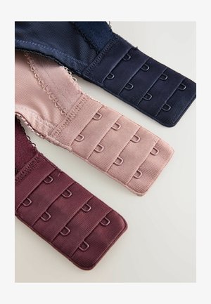 Drei BH-Träger in Marineblau, Hellrosa und Kastanienbraun. Jeder hat einen strukturierten Stoff und mehrere Haken zur Anpassung.