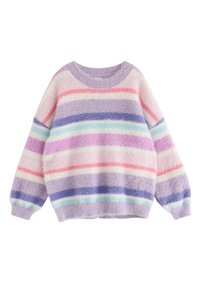 Flauschiger Pullover mit pastellfarbenen Streifen in Rosa, Lila und Blau. Mit einem runden Halsauschnitt und langen, leicht puffigen Ärmeln.