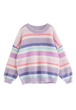 Flauschiger Pullover mit pastellfarbenen Streifen in Rosa, Lila und Blau. Mit einem runden Halsauschnitt und langen, leicht puffigen Ärmeln.