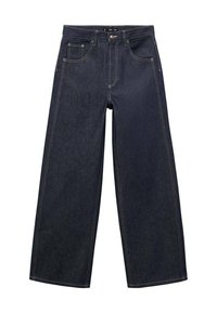 Donkerblauwe brede jeans gemaakt van denim stof. Heeft een ritssluiting, een knoopsluiting en contrasterende stiksels langs de naden.