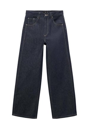 Dark blue wide-leg jeans made from denim fabric. Features a zip fly, a button closure, and contrasting stitching along the seams.
