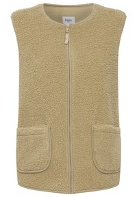 Beige fleecová vesta s texturovaným povrchem, která má přední zip a dvě náprsní kapsy, orámované hladkým textilním lemováním.