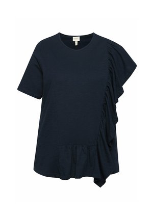 Námořnická modrá tričko s krátkým rukávem, které má texturovaný volán po straně, s uvolněným střihem a nařaseným lemem pro zvýraznění rozměru.