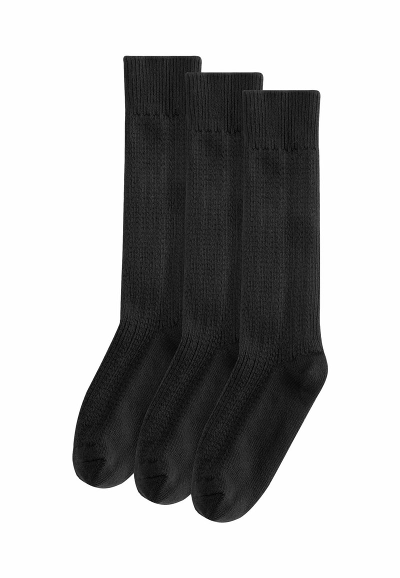 Schwarze Baumwollsocken, drei Packungen, gerippte Struktur, mittlere Wadenlänge, verstärkte Zehen- und Fersenpartie, weiche Textur, keine sichtbaren Muster oder Logos.
