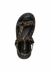 Sandaler med leopardprint som har svarte lærsåler, justerbare stropper og detaljer i gull. Størrelse 37. Ovenfra.