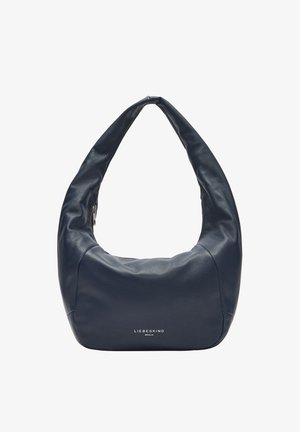 Marine leren hobo tas met een gebogen silhouet, platte schouderband en zilveren hardware. Voorzien van een logo dat op de voorkant is geperst.