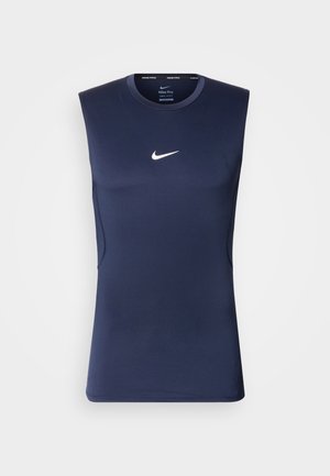 Mouwloos sportshirt in marineblauw, gemaakt van gladde stof, met een wit Nike-logo op de borst en zijpanelen voor ademend vermogen.