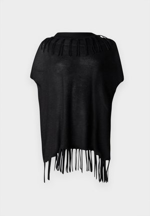 Poncho preto com um design de malha texturizada, apresentando franjas ao longo da bainha e um decote arredondado. Leve e versátil.