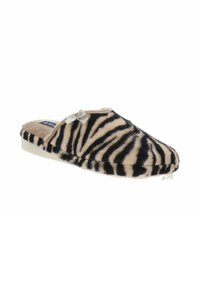Zapatilla de felpa sintética con un patrón de rayas de cebra en beige y negro, que presenta una pequeña cinta decorativa y una suela de perfil bajo.