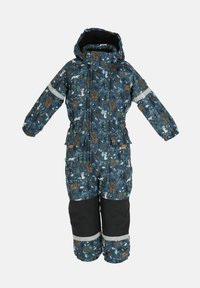 Blauw gewatteerd kinderpak met capuchon, voorzien van dieren- en boompPrints, zwarte kniebeschermers, reflecterende strips op de mouwen en benen, elastische manchetten en een rits aan de voorkant.