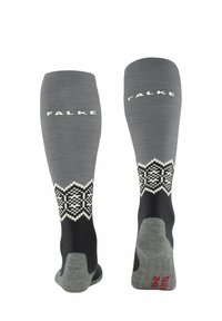 Knielange sokken in grijs met zwart-witte gemusterde boord. Voorzien van versterkte hiel en teen, met het "FALKE" logo boven de boord.
