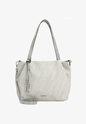 Grijze stoffen handtas met een gladde textuur, twee korte handvatten en een afneembare schouderband. Heeft een minimalistisch ontwerp en zilveren hardware-accenten.