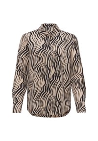 Chemise à manches longues boutonnée avec motif beige et noir ondulé type zèbre et col pointu.