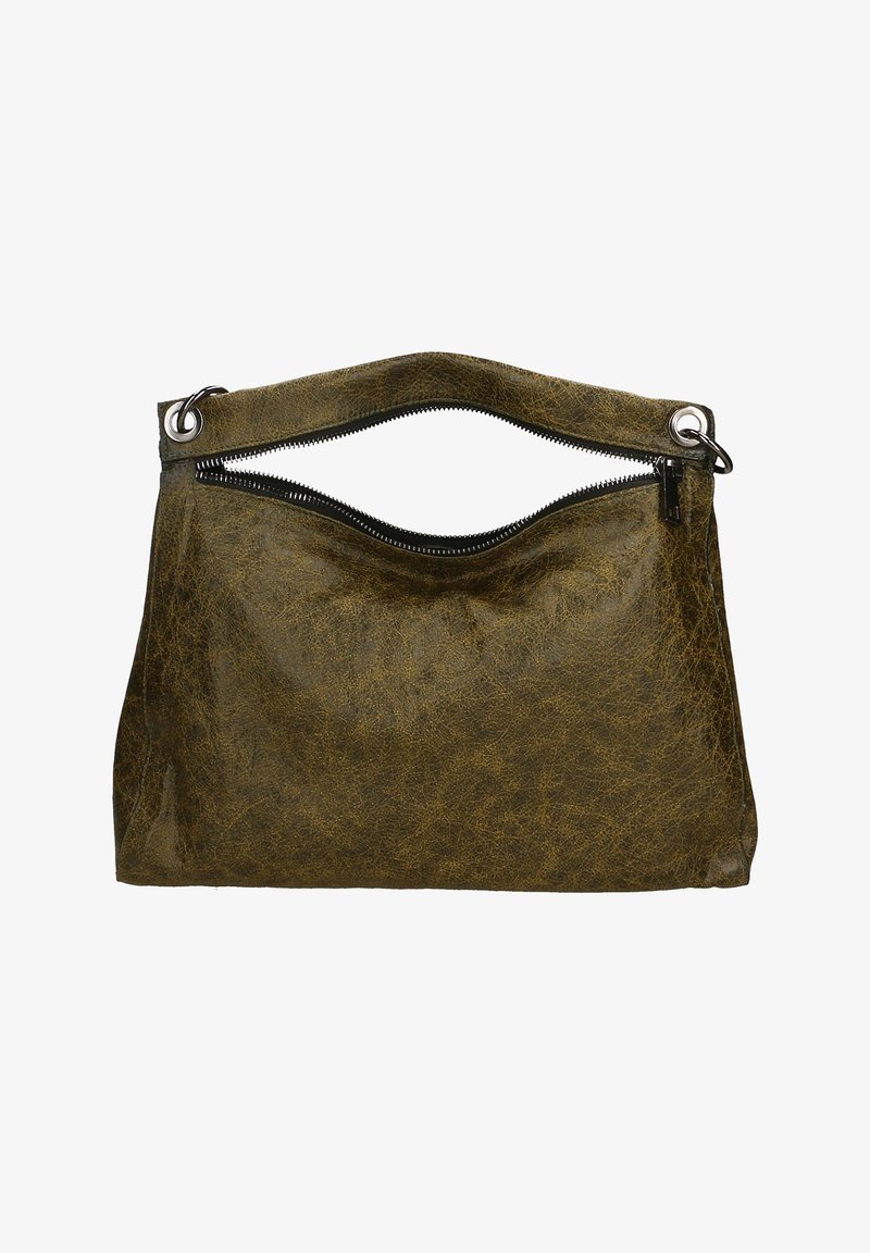Pochette en cuir vert olive foncé avec une fermeture éclair supérieure et des œillets métalliques de chaque côté pour l'attache de la bandoulière.