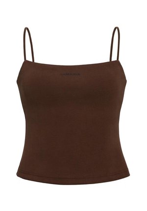 Hnedý priliehavý crop top s tenkými špagetovými ramienkami a jemným logom „La Mania“ umiestneným v strede blízko výstrihu.
