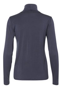 Långärmad marinblå skjorta med hög krage, tillverkad av mjukt tyg. Har en slät yta och en figurnära design utan synliga mönster.