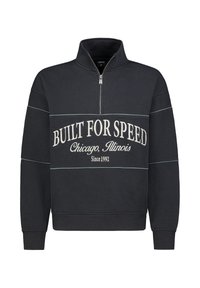 Schwarzer Sweatshirt mit halbem Reißverschluss und weißem "BUILT FOR SPEED"-Schriftzug, grauen Akzenten, gerippten Bündchen und Kragen, aus weichem Material gefertigt.