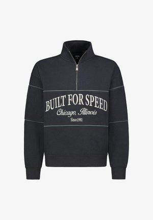 Black half-zip sweatshirt with white "BUILT FOR SPEED" text, gray accents, ribbed cuffs, and collar, made of soft material.