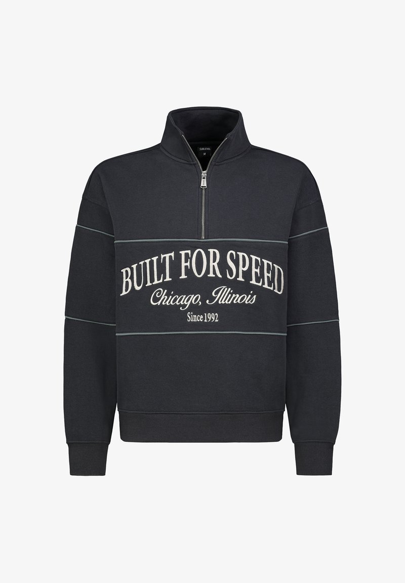 Schwarzer Sweatshirt mit halbem Reißverschluss und weißem "BUILT FOR SPEED"-Schriftzug, grauen Akzenten, gerippten Bündchen und Kragen, aus weichem Material gefertigt.