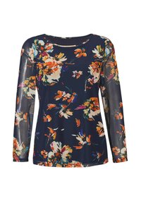 Navy Bluse mit langen Ärmeln aus leichtem Stoff mit floralen Mustern in Orange, Weiß und Lila. Rundhalsausschnitt und transparente Ärmel.
