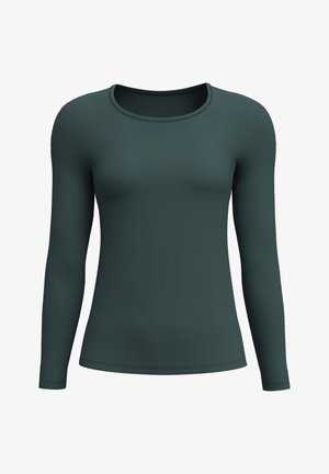 T-shirt à manches longues en tissu doux et extensible de couleur vert foncé. Il présente un col rond et une coupe ajustée sans motifs ni accents visibles.