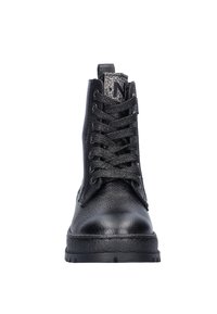 Zwarte leren enkelboot met een gestructureerd oppervlak, ronde neus en decoratieve veters. Kenmerkt zich door een patroon op de tong en een stevige rubberen zolen.
