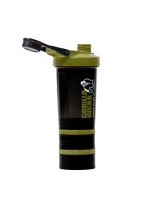 Zwarte plastic shakebeker met groene accenten en een flip-top deksel. Voorzien van maatmarkeringen en het logo "GORILLA WEAR" duidelijk zichtbaar.