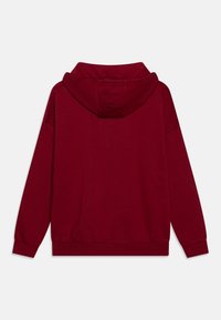 Röd huppartröja med avslappnad passform. Har mjuk textur, ribbade muddar och fåll, samt en ton-i-ton huva med sömnadsdetalj.