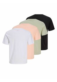Four plain short-sleeve T-shirts in white, light peach, light green, and black, shown from the back, arranged overlapping.