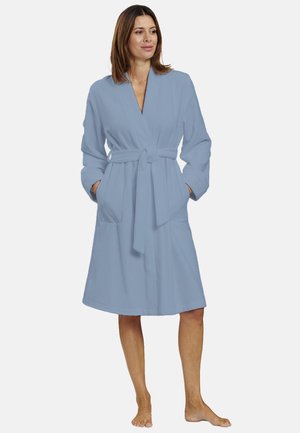 Light blue bathrobe made of soft fabric, featuring long sleeves, a belted waist, and two front pockets. Smooth texture with a knee-length cut.